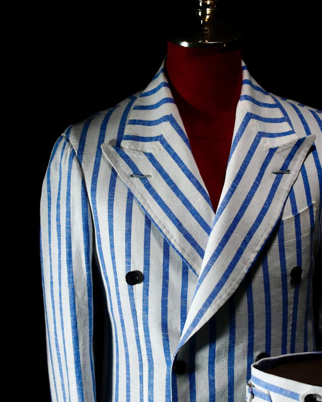 Smoking masculino azul de riscas Peaked lapela, blazers trespassado, ternos sob medida, ocasiões especiais, novo estilo, 1 pc