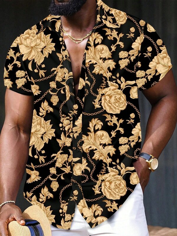 قميص رجالي غير رسمي مطبوع عليه زهور ، ملابس يومية ، طباعة ثلاثية الأبعاد ، أكمام قصيرة كلاسيكية ، قمصان هاواي للرجال ، هاراجاو