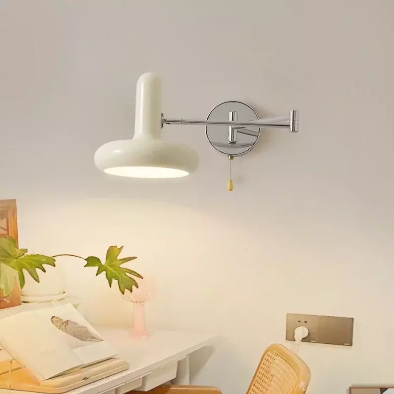 Bauhuan lampu dinding krim Nordic, lampu baca belajar dapat ditarik angin ruang tamu kamar tidur samping tempat tidur LED dapat disesuaikan