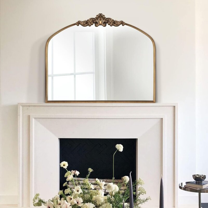 Espejo arqueado, espejo barroco adornado Vintage tradicional dorado, espejo de latón antiguo para entrada/Chimenea/sala de estar/pasillo/Murciélago