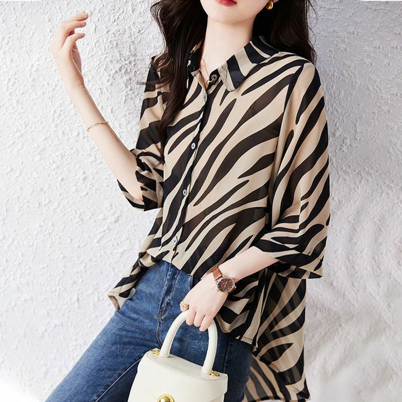 Blusa solta estampada zebra feminina, roupa de peito único, manga 3/4, camisa coreana com gola polo, trajeto elegante, primavera, verão, 2024