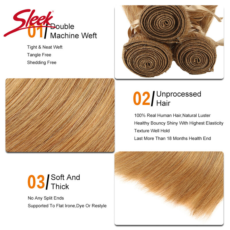 Sleek Honey Blonde-extensiones de pelo brasileño Remy, pelo liso Natural de visón, 27 colores, 8 a 28 pulgadas