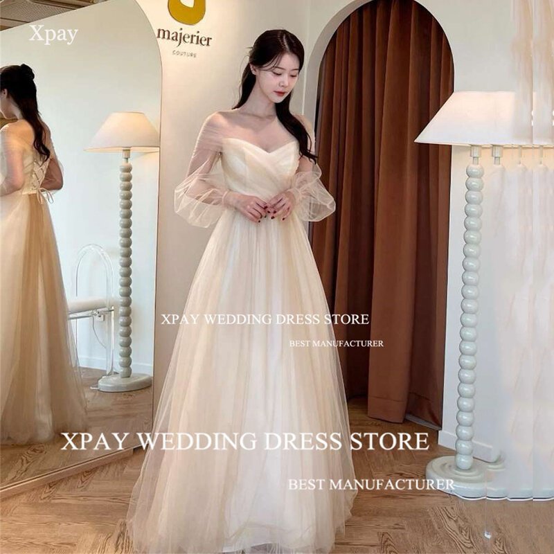 XPAY V Neck Long Puff Sleeve Korea Wedding Dresses Princess Photo Shoot Off Shoulder Champagne Corset Back Custom Bridal Gown