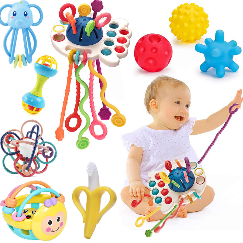 Sonajero mordedor educativo para niños recién nacidos, juguete infantil de 0-12 meses, Bola de desarrollo, seguro, suave, para dentición, regalo
