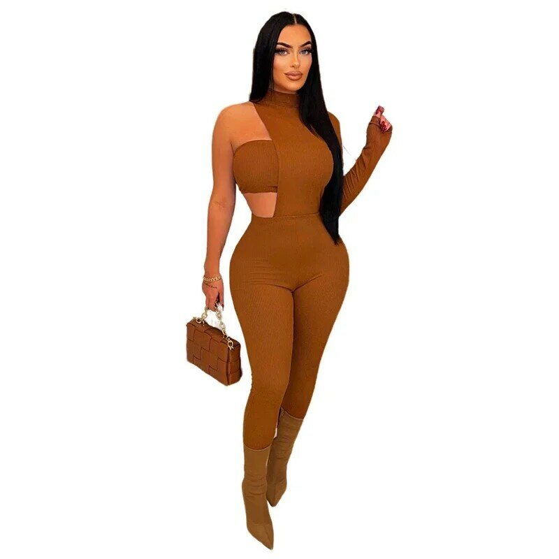Solid Women Jumpsuits with Tube Top Sexy Cut Out Turtleneck One Shoulder Long Sleeve Skinny Overalls Spring Summer Rompers