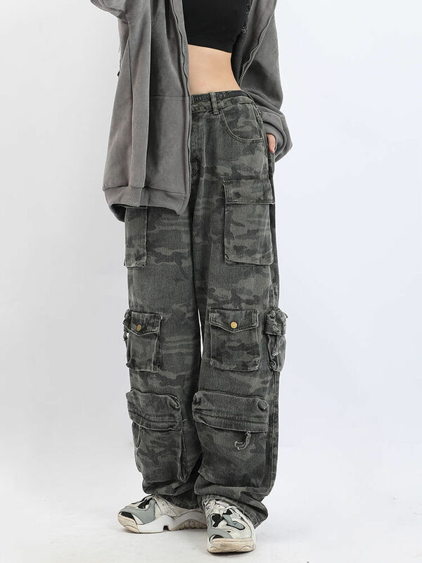Женские камуфляжные джинсы-карго с карманами, повседневные широкие брюки в американском стиле, в стиле хип-хоп, в европейском и американском стиле, Y2K, 2023