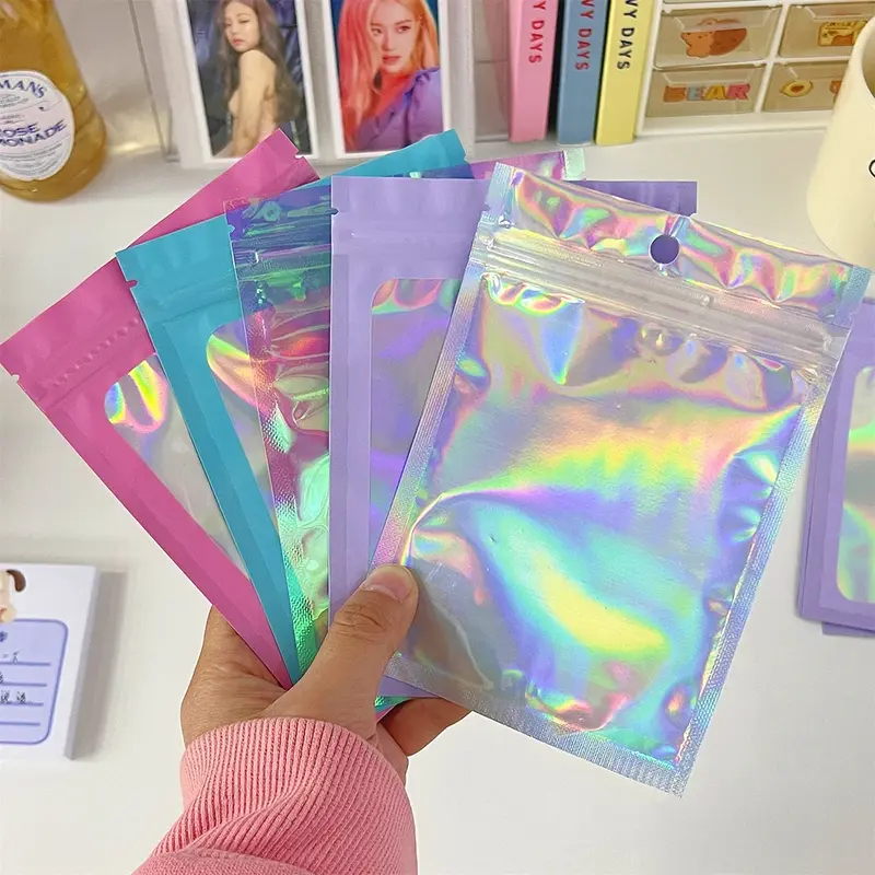 10Pcs Laser Color Transparent Self-sealing Bags Jewelry Cosmetic Packaging Bags Plastic Sealing Organizer Bag