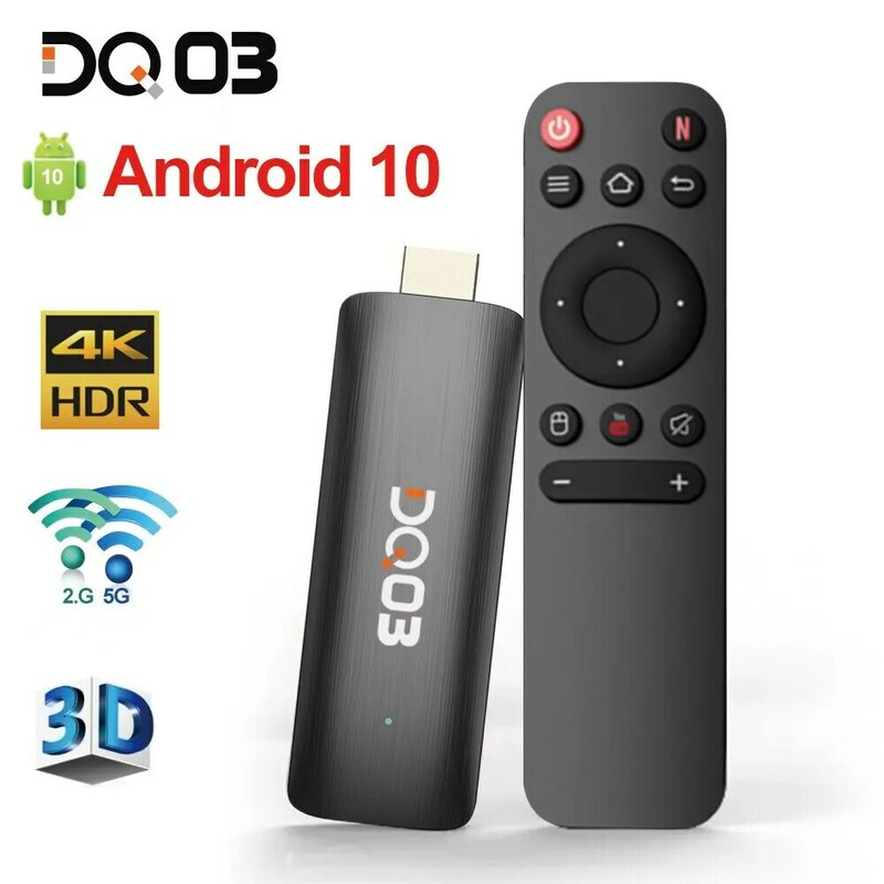 DQ03 stik TV Mini Android 10 Quad Core, ARM Cortex A53 2GB 16GB mendukung 4K H.265 2.4G & 5.8G Wifi Streaming TV Box Pintar 1GB 8GB