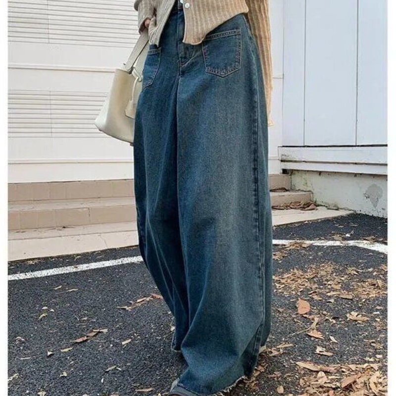 S-4XL jeansy damskie w stylu Vintage luźna, wysoka talia elegancka odzież uliczna z szerokimi nogawkami koreański styl moda na cały mecz jesienno-Retro nowy niebieski