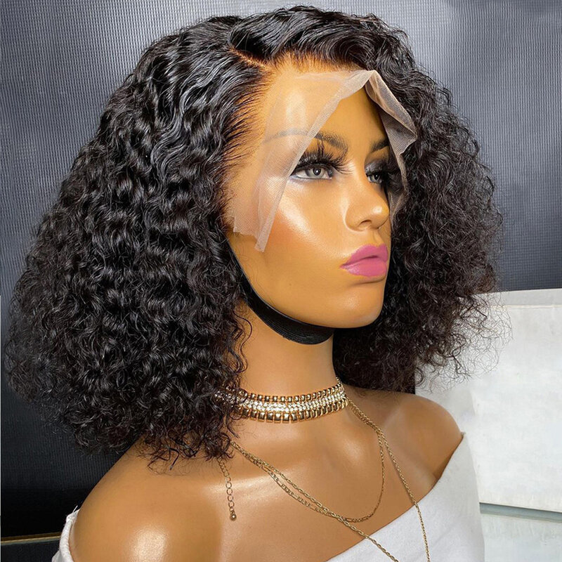 Peluca de cabello humano rizado corto para mujer, postizo de encaje frontal 13x4, sin pegamento, peruano
