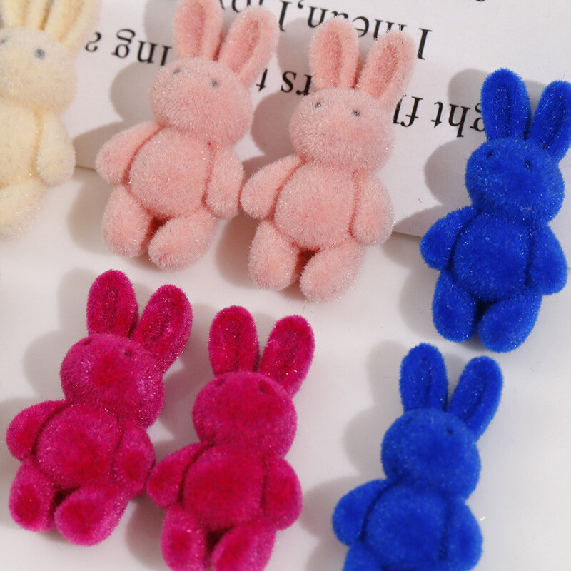 2PCS Double-sided Flocking Animals Rabbits Resin Dolls Half Hole Pendant DIY Jewelry Earring Keychain Pendant Accessories