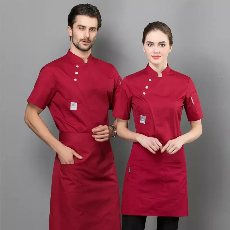 Vêtements de travail de cuisine d'été pour hommes et femmes, uniforme de chef rouge, chemise blanche, veste de chef