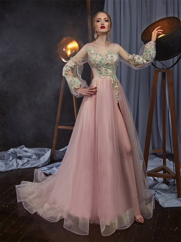 Stilvolles A-Linie Ballkleid mit Blumen druck 2024 elegante Langarm-Abendkleider klassisches boden langes Kleid vestidos de novia