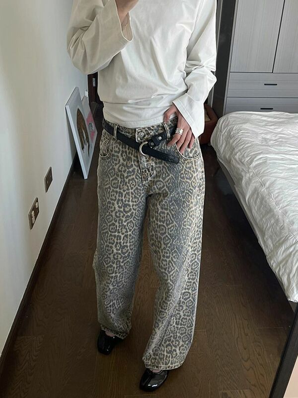 Джинсы HOUZHOU женские с леопардовым принтом, винтажные Многослойные джинсы в стиле оверсайз, бежевые прямые мешковатые джинсы с завышенной талией, Y2K