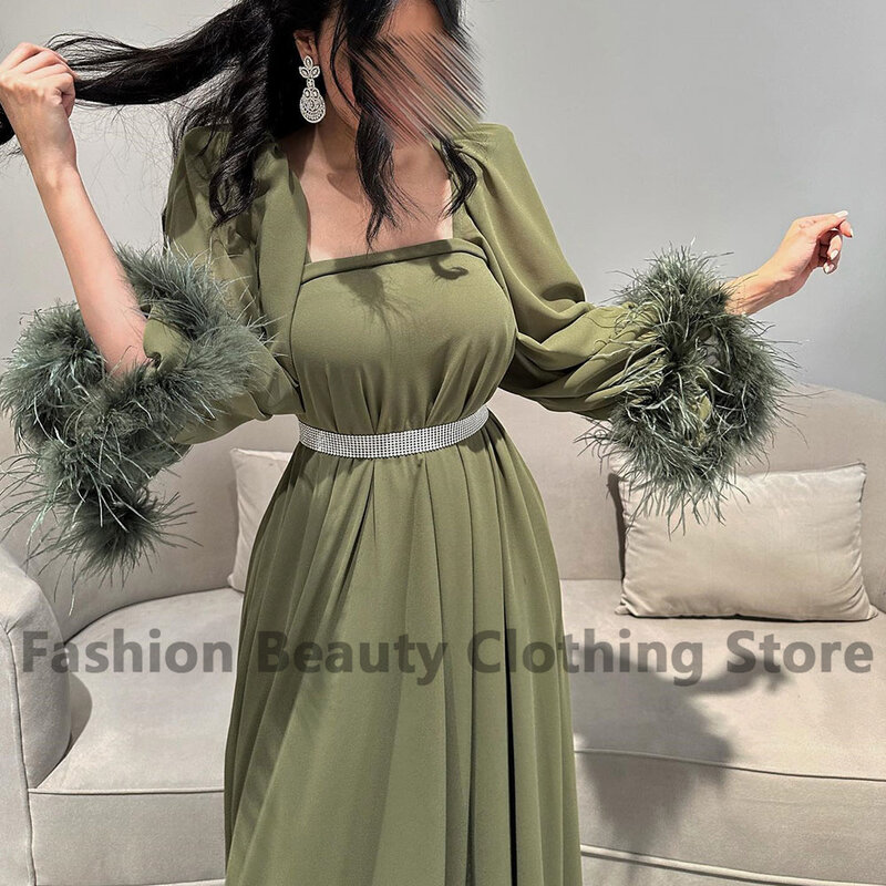 Arabic Evening Dress Chiffon Long Sleeve Square Neck With Feather Backless Dubai Women's Floor Length فساتين سهره فاخره 2023