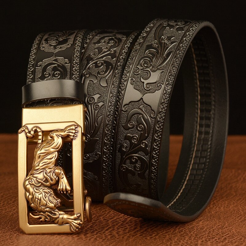 BOKADIAO Men Genuine Leather Belt Luxury Gold Tiger Metal Automatic Buckle Cowhide Belts for Men Jeans Waistband Male Strap