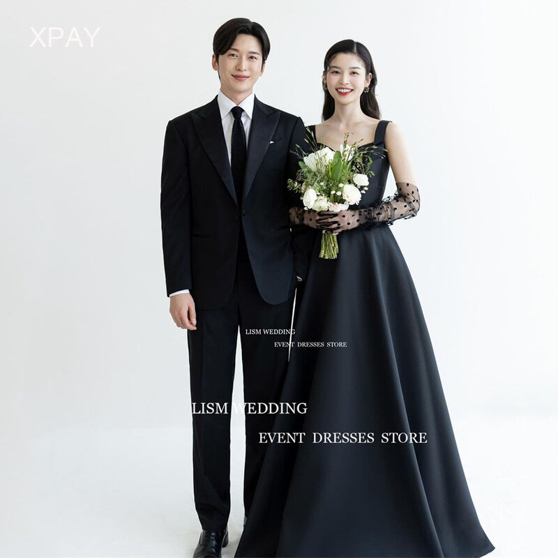 LISM-Robe de Soirée Noire en Satin Drapée pour Femme, Tenue de Bal, Style Coréen, Dos aux, pour Séance Photo de Mariage