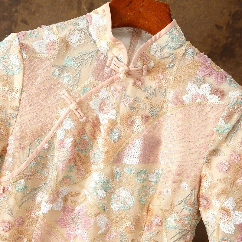 Damska Cheongsam różowa Toast sukienka lekka cekinowy haft elegancja Retro