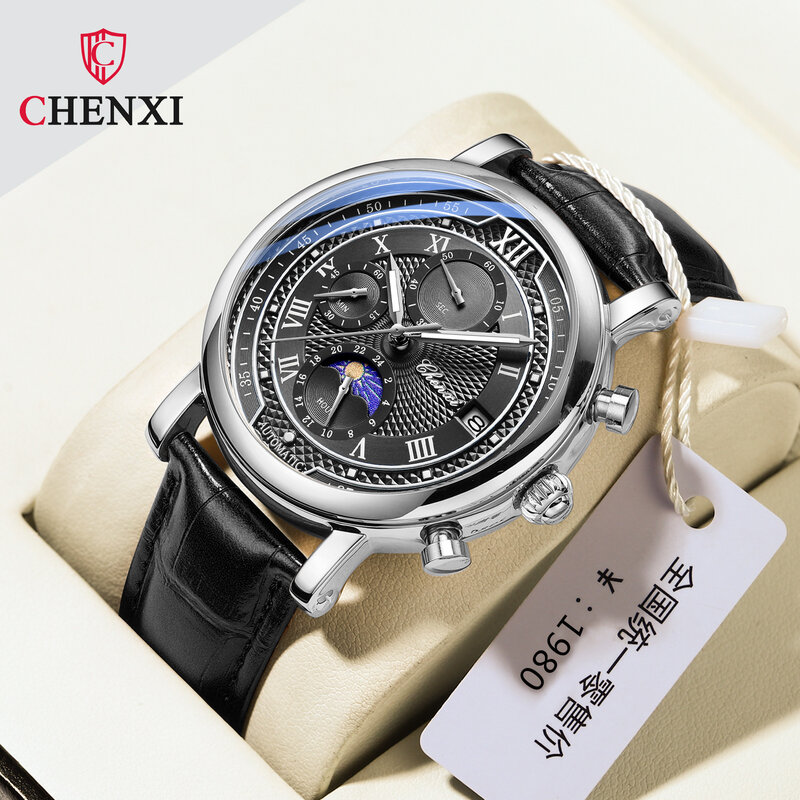Chenxi 976 가죽 크로노그래프 날짜 남성용 달 타이밍 비즈니스 야광 쿼츠 시계
