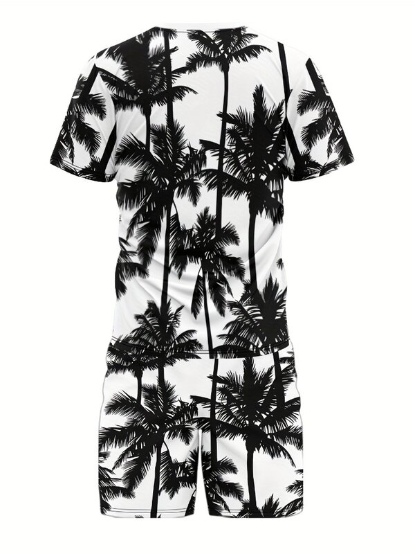 Conjunto informal de moda para hombre, pantalones cortos de manga corta con estampado gráfico de árbol de coco, talla grande