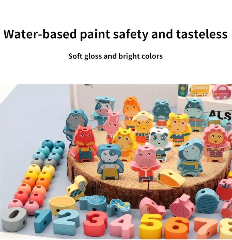 DIY drewniane zabawki Montessori Cartoon zwierząt owoce geometria blok sznurowanie zroszony zabawki gwintowanie sznurowanie koraliki frezowanie gry