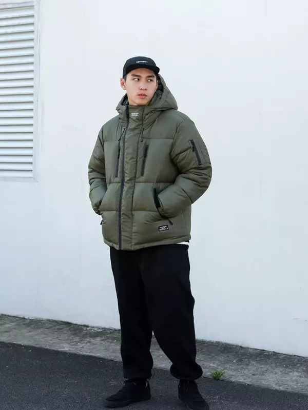 Jaqueta com capuz à prova de vento masculina, sobretudo quente grosso, casaco solto básico, moda coreana, monocromática, outono e inverno