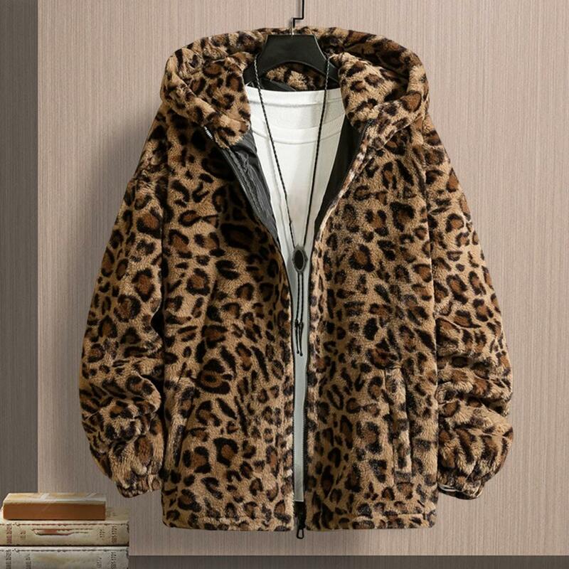 Faux Fur Coats For Men Leopard Print Long Sleeve Pockets Zipper Men Coat Winter Thickened Double-sided Plush Hooded Outerwear