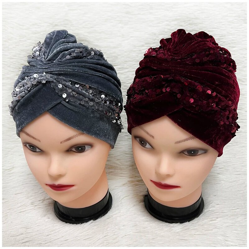 Großhandel 6/12 elegante Pailletten Turban Hut Frauen Kappe Perlen für Indien Hut Schals Kopf wickel Stirnband Mädchen Haarschmuck Dame