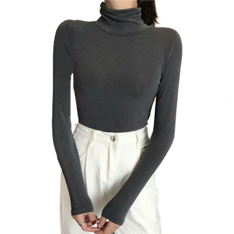 Pullover Tops Slim-fit Thermal Turtleneck Elasticity Base Shirt Solid Color High Collar Long Sleeve Sweater For Daily Wear