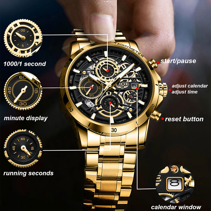 LIGE 2023 탑 브랜드 럭셔리 크로노그래프 쿼츠 시계, 남성 스포츠 시계, 군사 육군 손목 시계