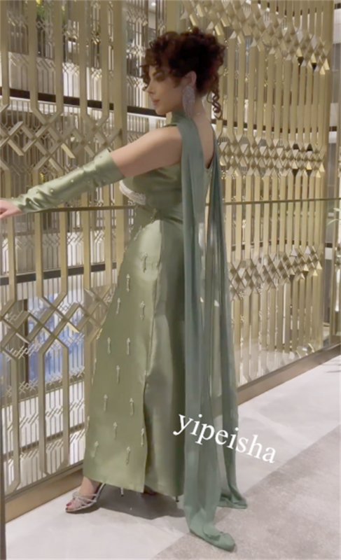 Бальное атласное платье Jiayigong с жемчугом и бахромой, вечернее платье-футляр с V-образным вырезом на заказ, средней длины, Саудовская Аравия