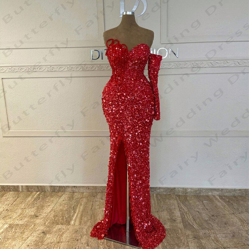Glitter Women's Elegant Evening Dresses Gorgeous One Shoulder Sleeves Sexy Off Shoulder Princess Prom Gown Formal Cocktail Party