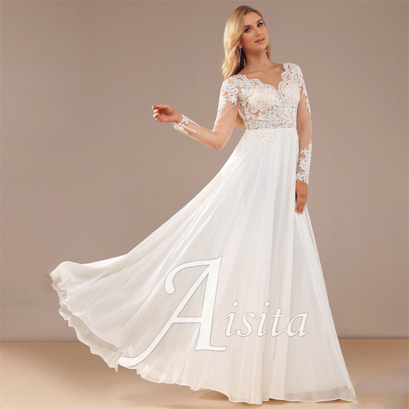 Elegant A-Line Bride Dresses V-Neck Floor-Length Chiffon Lace Sequins Wedding Dresses For Woman Wedding Dress Vestidos De Novia