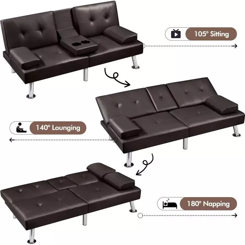Yaheetech Convertible Sofa Adjustable Couch Sleeper Modern Faux Leather Home Reversible Loveseat, Removable Armrests, 3 Angles,