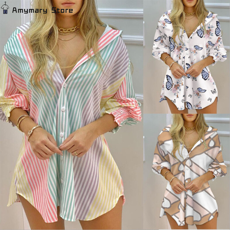 Summer Fashion Striped Printed Shirt Dress Button V-neck Casual Loose Long-sleeved Shirt Temperament Printed Shirt Street Wear