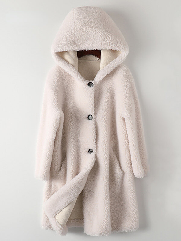 Women Sheepskin Wool Coat Hooded Ladies Winter Single Breasted Genuine Fur Outwear Jacket Warm Luxury Overcoat
