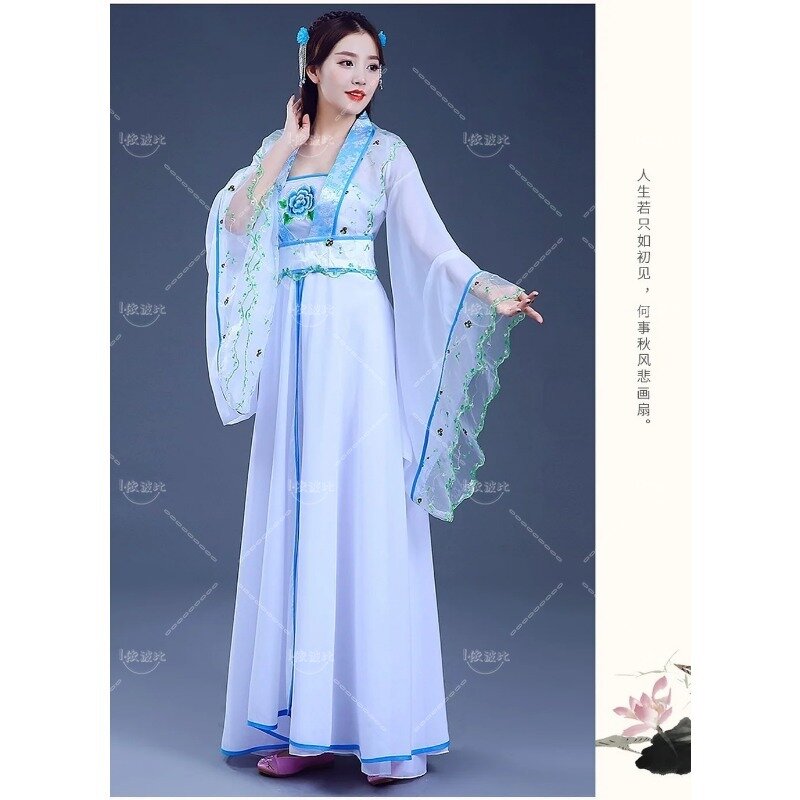 Kostum Cosplay peri Cina kuno gaun Hanfu wanita perempuan kostum dansa rakyat pakaian Festival setelan Tang bunga bordir