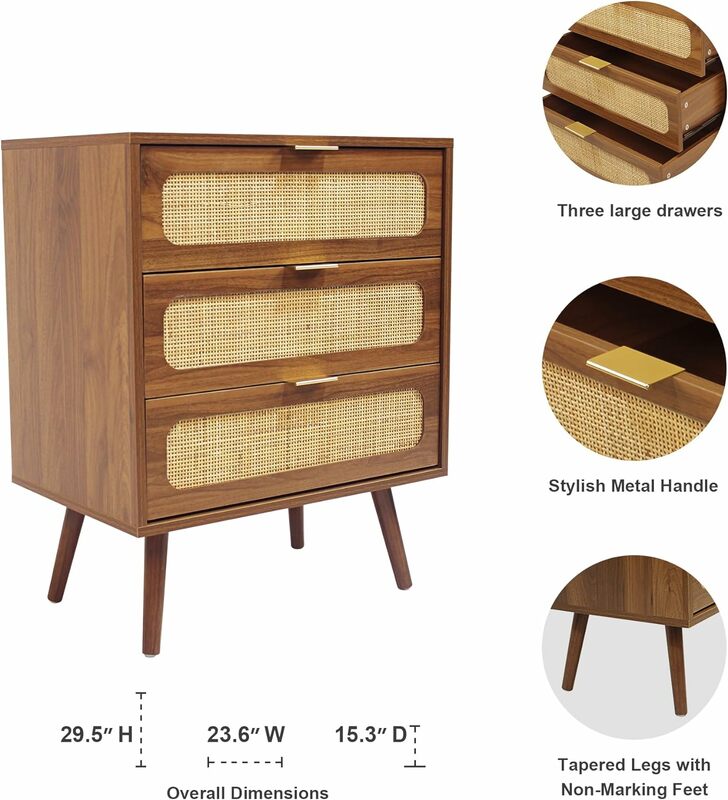 Rattan Nightstand Dresser Chest of  Drawers, Wood Storage Dresser Cabinet Organizer Unit for Bedroom Living Room Closet Office