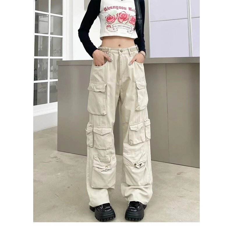 American retro high street multi-pocket jeans blue washed simple casual wide leg pants overalls Y2K high waist denim trousers