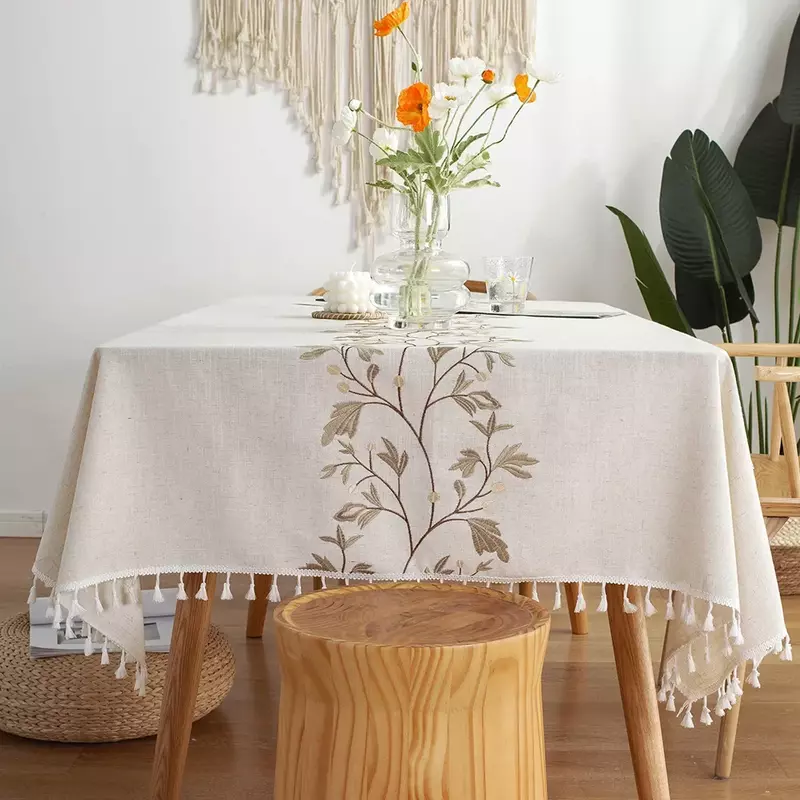 주름 없는 자수 꽃 패턴 테이블 천, 무거운 무게추 면 린넨 농가 장식 야외 테이블 커버