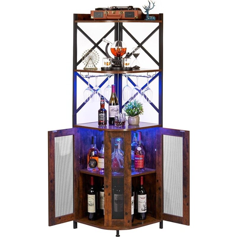 Corner Bar Cabinet with LED Lights, 5-Tier Industrial Wine Cabinet with Glass Holder, Wine Bar Cabinet with Adjustable Shelf