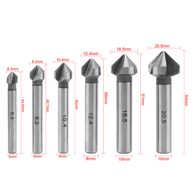 6pcs 3 Edge 90 Degrees Chamfer End Mill Cutter Chamfering HSS Countersink Drill Bit Woodworking Hole Saw Wood Drilling