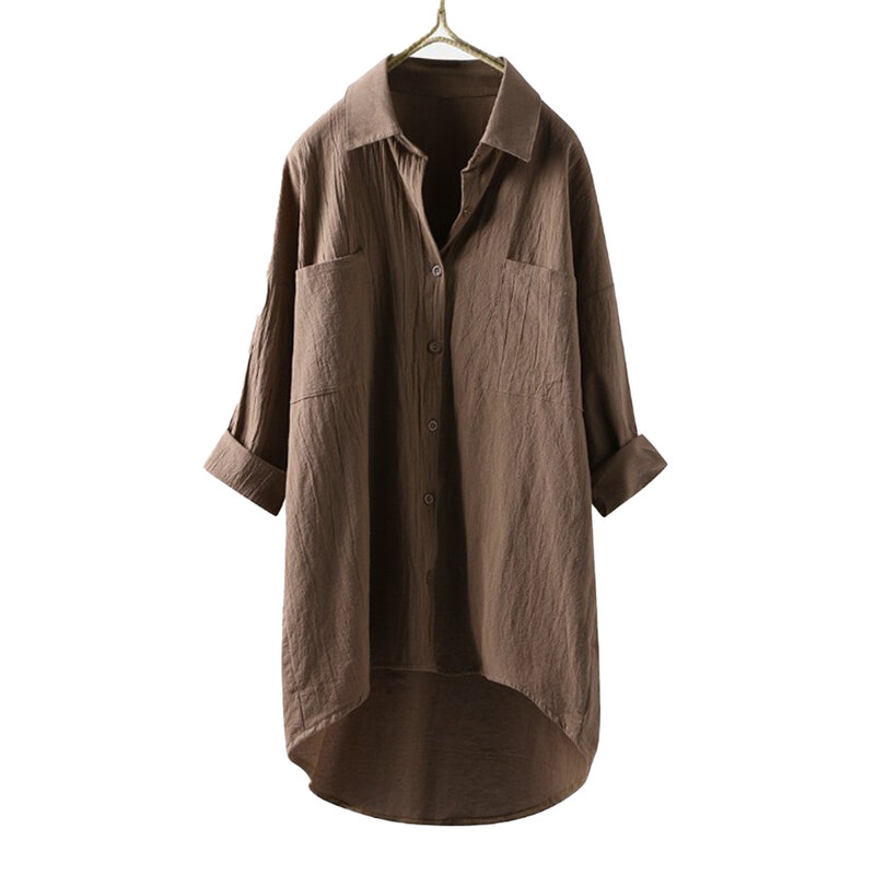 Осеннее женское платье-футболка из хлопка и льна, женская Свободная блузка большого размера, топы с лацканами, рубашка в стиле ретро, Однотонная юбка