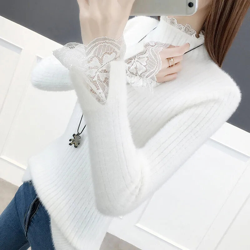 Zimowe ubrania damskie koreańska moda wąski sweter koronka z golfem z ciepłym podstawowy długi rękawem Top damski sweter Pull Femme
