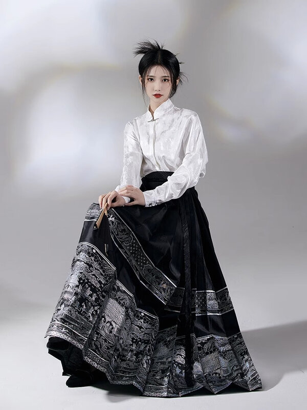 女性のための中国のスタイルのスカート,伝統的な馬のデザインの黒いロングスカート,ミディのmamianqun