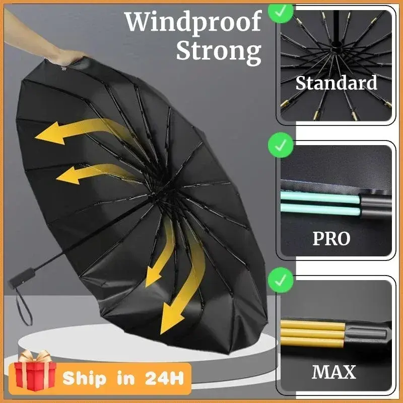 男性用の強力な折りたたみ傘,3折りたたみ式,強化,48骨,自動,大型,UV保護,防風