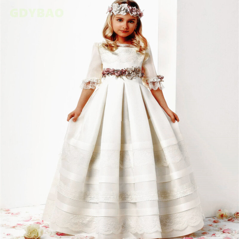 Gaun gadis bunga Komuni Pertama sederhana putih renda lengan setengah gaun pesta ulang tahun balita kontes kecantikan putri gaun pesta Prom