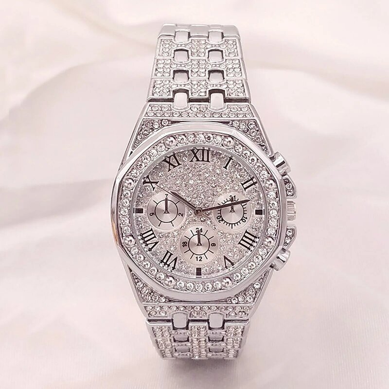 Valentine'S Day Unisex Luxury Diamond Watch Quartz Watches Stainless Steel Strap Lovers Wrist Watches Rhinestone Couples Clock