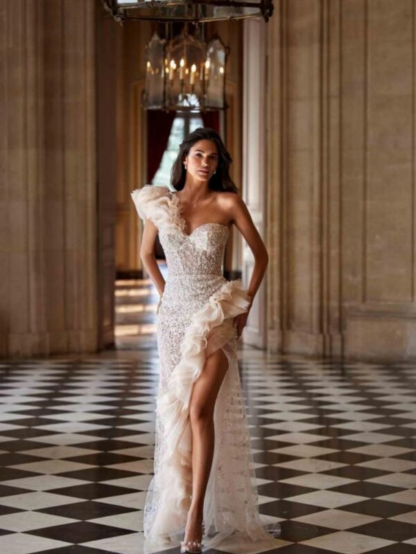 Classic One Shoulder Short Sleeve Wedding Dress Sparkly Sequins Bride Robe Elegant Straight Long Bridal Gown Robe De Mariée