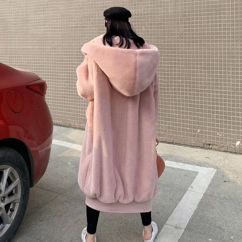 Abrigo de piel sintética de gran tamaño para mujer, chaqueta mullida larga y cálida de piel de conejo, sudaderas con capucha, abrigo suelto de invierno, prendas de vestir femeninas